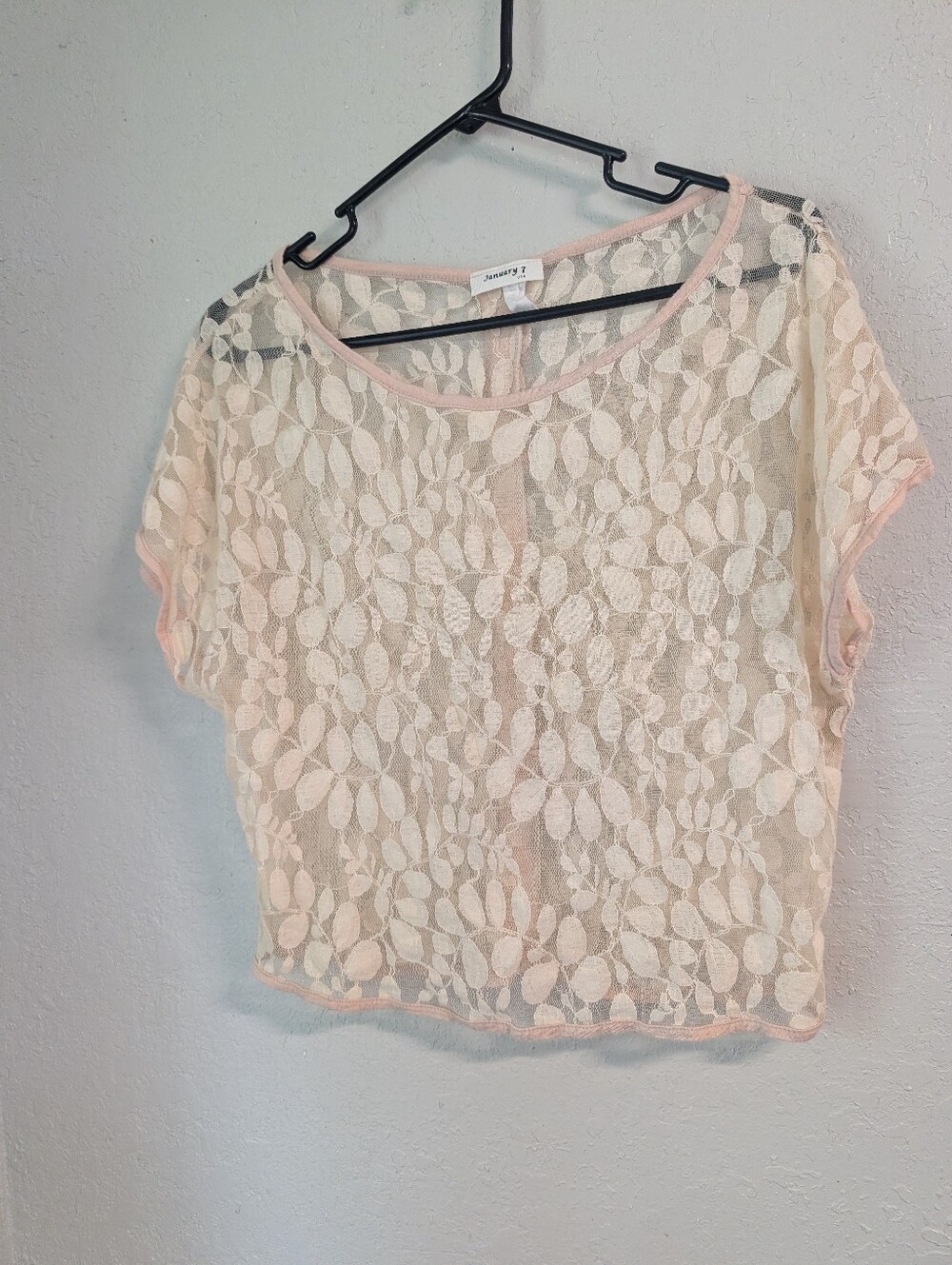 Sheer Lace Crop Top M Cream Festival Fairy Boho Whimsy Cottage Boxy Button Back